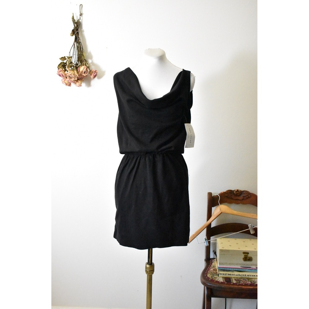Vintage 70s Milano New York Black Cotton Cowl Neck Blouson Mini‎ Dress Small